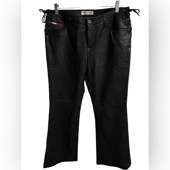 Vintage Tommy Hilfiger women’s sz 9 Black Leather Jeans pants lace up Y2K flare - Picture 2 of 11